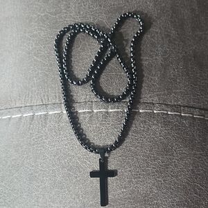 Black StainlessCross Pendant On Black Stainless Box Chain Necklace.